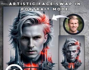 Impresionante retrato personalizado de intercambio de rostros con un rostro masculino en una ciudad futurista. Hombre y Metrópolis. Innovadora obra de arte digital ideal para regalos.