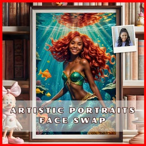 Face Swap Custom Mermaid Portrait, Personalized Black Skin Mermaid Portrait with Teal Tail, Fantasy Poster, Ocean Marine Life Decor