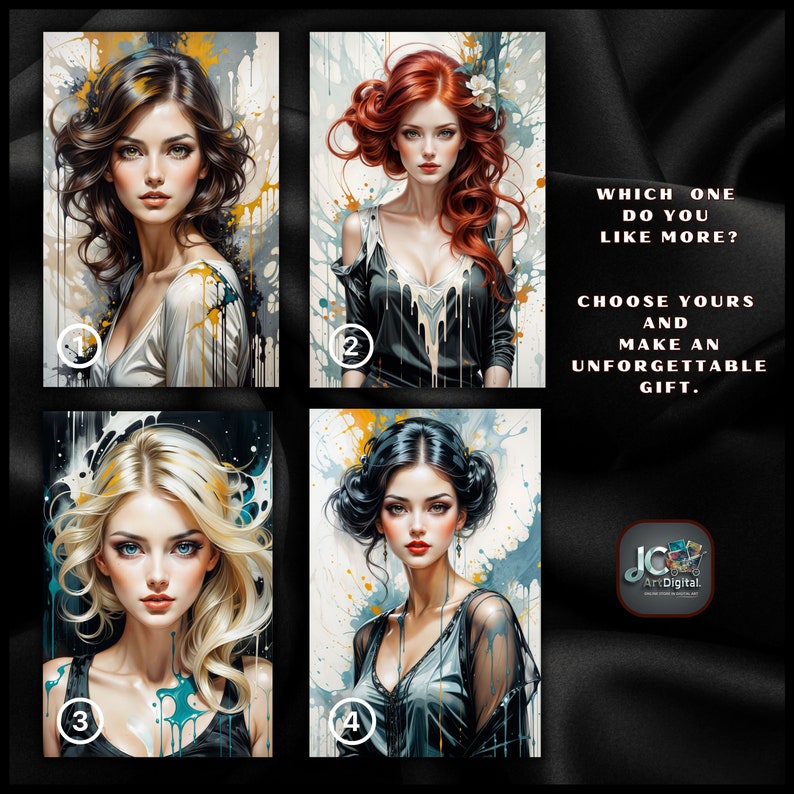 Four Personalized Artistic Portraits with Unique Face Swap Design, Elegant Custom Portrait with Artistic Face Swap Design, Beautiful Face Swap