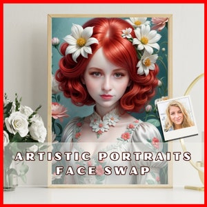 Dreamlike Face Swap Portrait: Porcelain Girl with Flower Hair in Silk Dress. Ghostly White Surrealism, Floral Background, Candy Portrait.