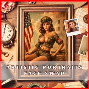 Custom Army Pin Up Girl Portrait, Vintage Face Swap Art, Personalized Retro Print, Custom Retro Pin Up Girl Portrait, military pin-up woman