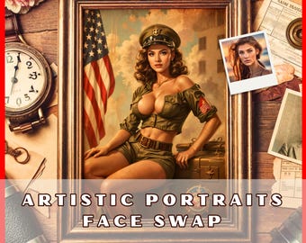 Military Pin-Up Illustration | Retro Photo Face Swap Print | Army Wall Art Decor