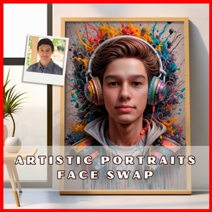 Könnte beinhalten: Ein farbenfrohes, abstraktes Porträt einer Person mit Kopfhörern. Das Porträt ist gerahmt und trägt den Text "ARTISTIC PORTRAITS FACE SWAP" am unteren Rand.