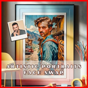Custom Artistic Face Swap Portrait - Vintage Travel Postcard with Detailed Young Man in Pop Art Style. Retro Vintage Comic Style Portrait.