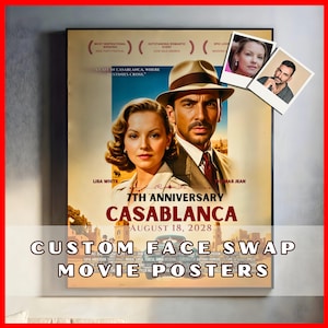Personalized Movie Poster by Casablanca. Custom Casablanca Inspired Poster. Vintage Movie Portrait with Face Swap. Custom lover Poster
