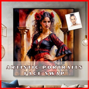 Retrato de mujer española gitana, intercambio de cara de ropa flamenca, arte digital personalizado, retrato de intercambio de cara personalizado, arte de ropa flamenca, pintura al óleo