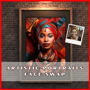 Face Swap Portrait Art. African Safari Goddess Leather Portrait. Empowered Elegance Leather Art, Exotic Woman in Tribal Beauty Portrait.