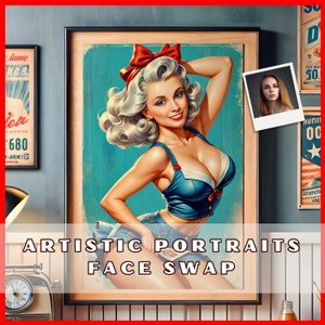Custom Pin Up Girl Portrait, Vintage Face Swap Art, Personalized Retro Print, Custom Retro Pin Up Girl Portrait, pin up woman 50&#39;s, gift for