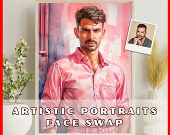 Watercolor Face Swap Portrait: Man in Pink, Artstation Style