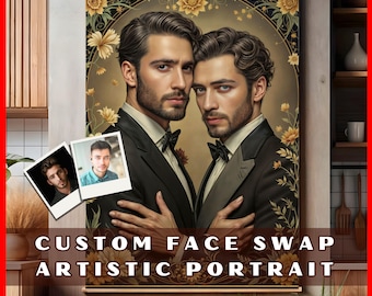 May include: Artistic portrait featuring two men in formal attire, with a floral and ornate background. The image includes two small polaroid-style photos. The text at the bottom reads "CUSTOM FACE SWAP ARTISTIC PORTRAIT."