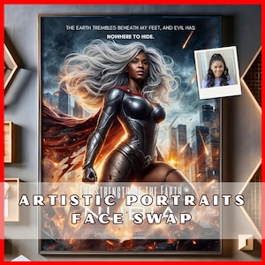 Black Female Superhero Portrait -  Custom Face Swap Poster with Epic Futuristic Background. Hyperrealistic Black Woman Superhero Portrait