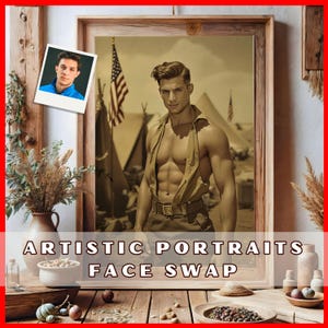 Custom Army Pin Up Boy Portrait, Vintage Face Swap Art, Personalized Retro Print, Custom Retro Pin Up Boy Portrait, soldier pin-up man