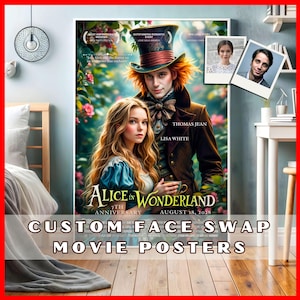 Póster de la película Alicia en el país de las maravillas personalizado para bodas o aniversarios. Póster de película personalizado. Retrato de pareja con intercambio de caras, decoración de cine.