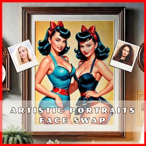 Vintage Two Girls Portraits, Custom Face Swap Art, Retro Pin up Prints, Personalized Vintage Love Gift, Custom Pin up Prints, Vintage Print