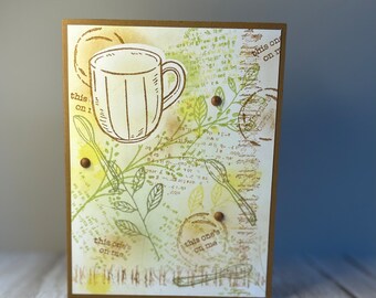 Stampin’ Up! Hand-stamped card. Coffee cup card. “This one’s on me” card. Envelope included.