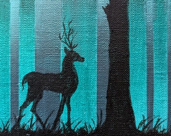 Geisterbäume - Hirsch - 15 x 20 cm Originale Malerei auf Leinwand