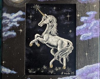 Unicorn on Black Velvet - retro original painting