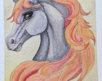 Fire Horse Watercolor Painting - 4x6