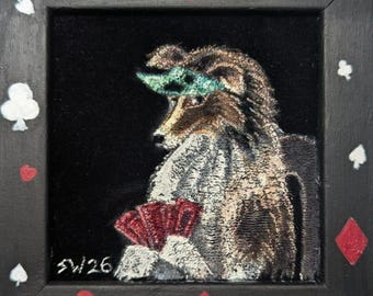 Dog Playing Poker on Black Velvet - 4x4 original painting