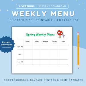 Daycare Weekly Menu Printable, Home Daycare Monthly Meal Planner, Daycare Menu Preschool, Home School, Nannies, Fillable PDF, Menu Template