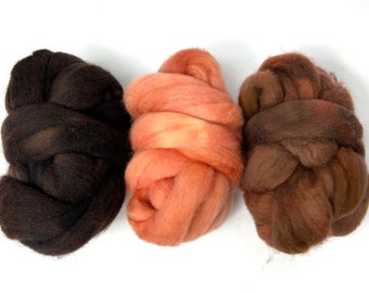 Semisolid Combo - Colombian Roast, Peach Blush and Cinnamon - 6 oz Polwarth wool combed tops, roving, spinning, handspinning, nuno felting