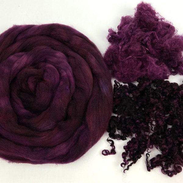 Fiber Combo - Black Cherry - Falkland Merino wool roving, silk throwsters, Wensleydale locks, spinning, weaving, nuno felting, 0403-01