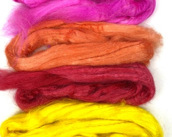 Hand dyed tussah silk tops set, .9 oz, nuno felting, spinning fiber, art yarn, handspinning, felting fiber, corespinning, roving, 0427-04