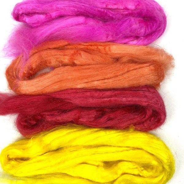 Hand dyed tussah silk tops set, .9 oz, nuno felting, spinning fiber, art yarn, handspinning, felting fiber, corespinning, roving, 0427-04