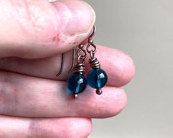 Tiny blue glass earrings with niobium ear wires, modern, 1 inch long, glass sphere, everyday jewelry