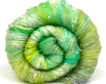 Spring Greens Batt 0423-02 - 3.5 oz Polwarth, Merino wool, silk, noils, spinning fiber, handspinning, nuno, felting, weaving, art yarn