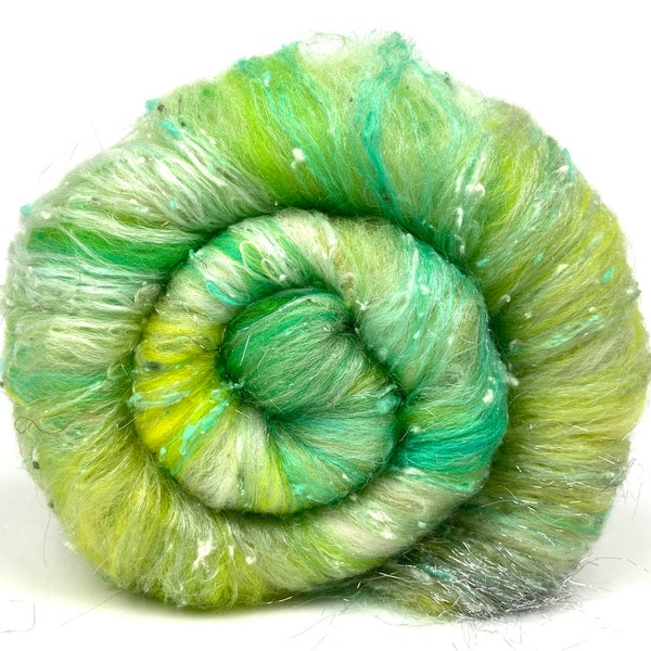 Spring Greens Batt 0423-02 - 3.5 oz Polwarth, Merino wool, silk, noils, spinning fiber, handspinning, nuno, felting, weaving, art yarn