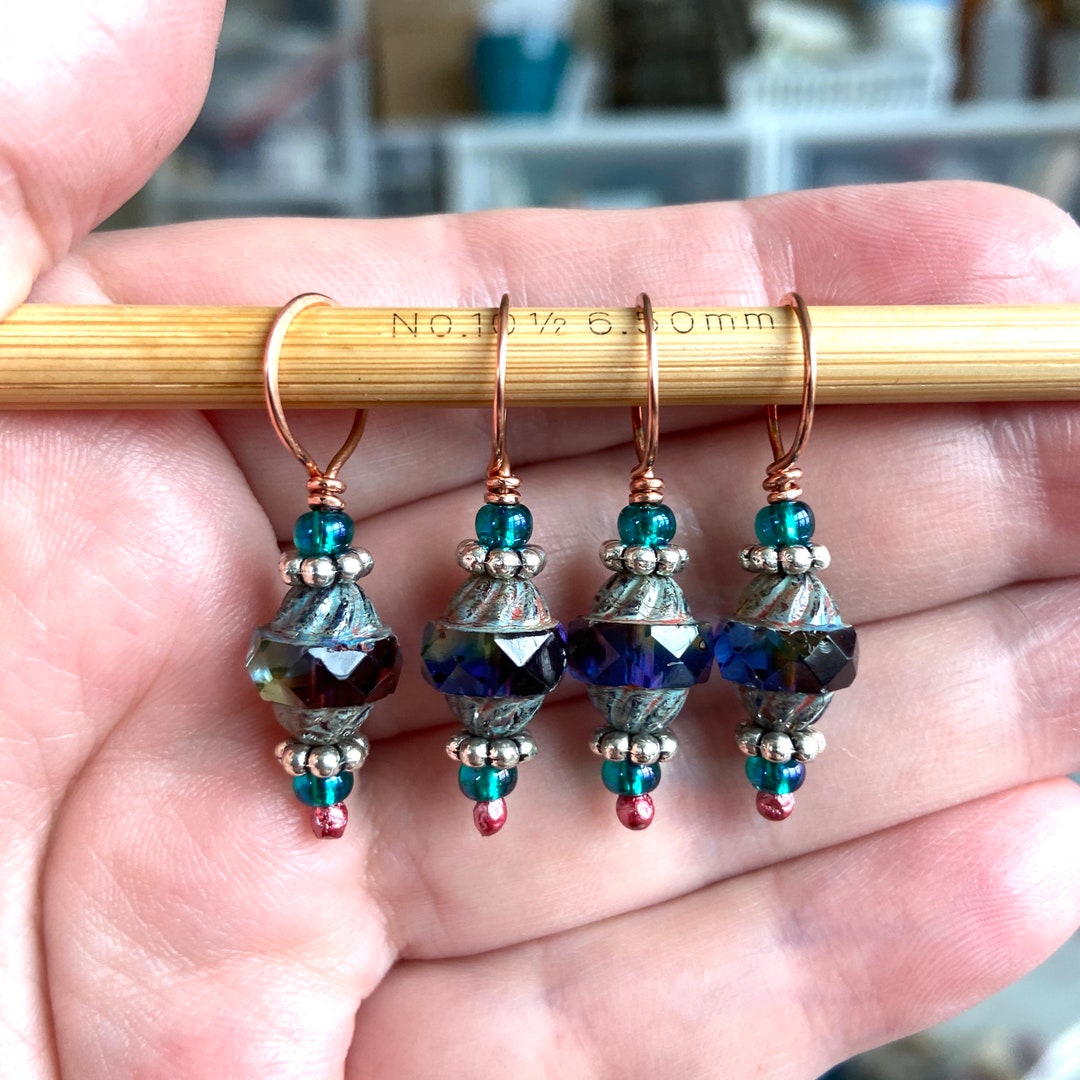 Handmade Stitch Markers, Copper and Czech Glass, Fits up to 7.5mm