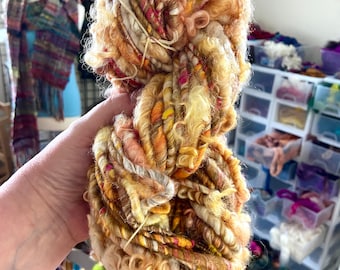 Handspun Art Yarn 52 yds - Merino, Polwarth, silk, bamboo, locks, single ply, bulky yarn, corespun yarn, weaving yarn, shawl yarn, 0120-04