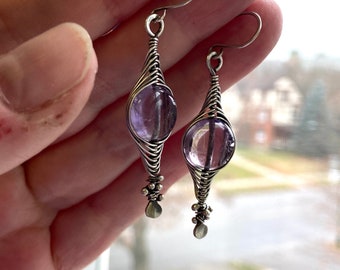 Amethyst and silver herringbone earrings, 2.25 inches, wire wrap, purple, gemmy, avant garde, argentium silver, goth, Victorian jewelry