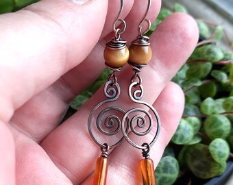 Long silver and copper spiral earrings with yellow topaz and czech glass beads