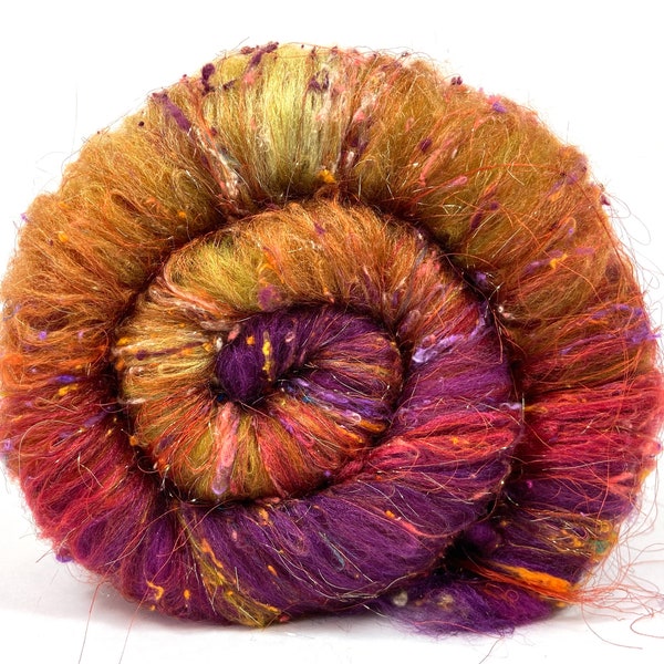 Curried Beets Repeating Colors Batt 0509-02 - 2.8 oz Falkland wool, silk, noils, spinning fiber, handspinning, nuno, felting wool, weaving