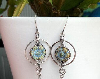 Flower earrings with sterling silver, Czech glass, wire wrapped, rustic, natural, 2.5 inches, bohemian, pagan, hippie 0520-02