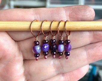 Handmade stitch markers, copper, purple agate and purple glass, fits up to 7.5mm knitting needles, set of 5