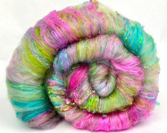 Green and Pink Pastel Batt 0424-02 - 3.8 oz Polwarth wool, silk, noils, spinning fiber, handspinning, nuno, felting, weaving, art yarn