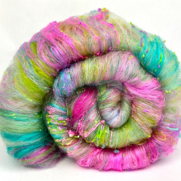 Green and Pink Pastel Batt 0424-02 - 3.8 oz Polwarth wool, silk, noils, spinning fiber, handspinning, nuno, felting, weaving, art yarn