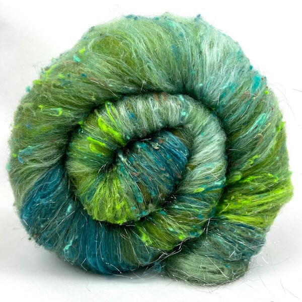 Emerald Isle Batt 0422-08 - 2.9 oz BFL wool, silk, noils, spinning fiber, handspinning, nuno, felting wool, weaving