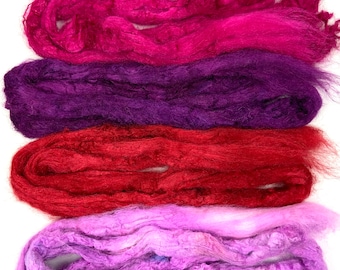 Hand dyed tussah silk tops set, 1.2 oz, nuno felting, spinning fiber, art yarn, handspinning, felting fiber, corespinning, roving, 0427-02