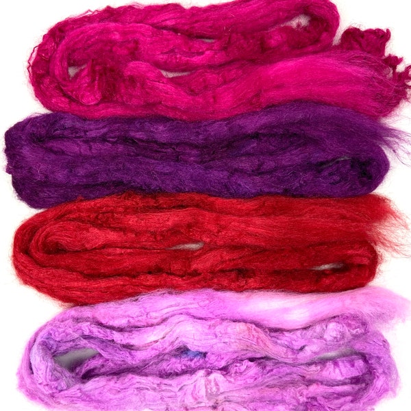 Hand dyed tussah silk tops set, 1.2 oz, nuno felting, spinning fiber, art yarn, handspinning, felting fiber, corespinning, roving, 0427-02