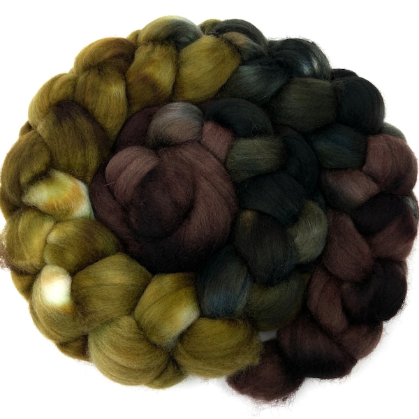 Peat Bog MG - Lana peinada de 4 oz pintada a mano, degradado espejado, mecha, fibra de hilado, hilado a mano, fieltrado