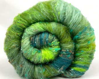 Emerald Isle Batt 0422-07 - 2.8 oz BFL wool, silk, noils, spinning fiber, handspinning, nuno, felting wool, weaving