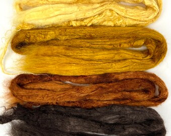 Hand dyed tussah silk tops set, 1.4 oz, nuno felting, spinning fiber, art yarn, handspinning, felting fiber, corespinning, roving, 0427-01