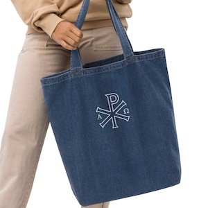 Christian Denim Tote Bag | Embroidered Catholic Tote Bag | Christianity Symbol