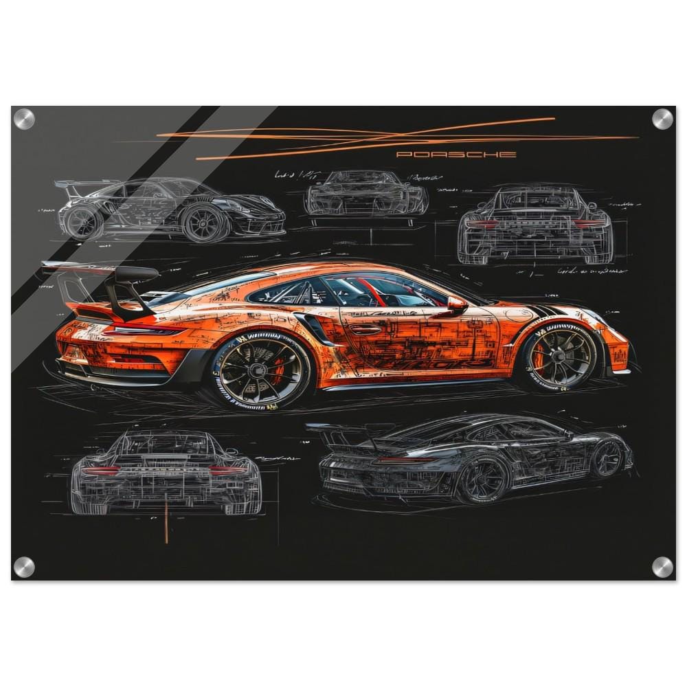 Porsche 911 GT3 RS Acrylic Wall Art, Porsche Blueprint Glass Print