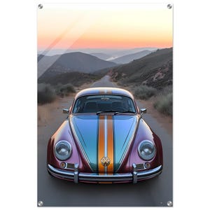 Psychedelic Volkswagen Beetle Wall Art – Retro VW Bug Sunset Drive Print – Classic Car Photography for Garage, Office or Gift