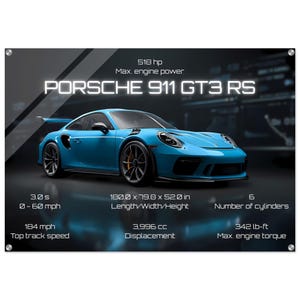 Porsche 911 GT3 RS Acrylic Print – Blue Supercar Wall Art with Performance Specs | High Gloss Car Art | Luxury Automotive Decor